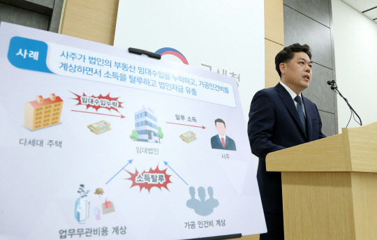 국세청은 7일 부동산 거래 과정에서 자금 출처가 분명하지 않고 탈세 혐의가 확인된 517명에 대해 세무조사에 착수했다고 밝혔다. 사진은 김태호 국세청 자산과세국장이 브리핑을 하는 모습. <국세청 제공>